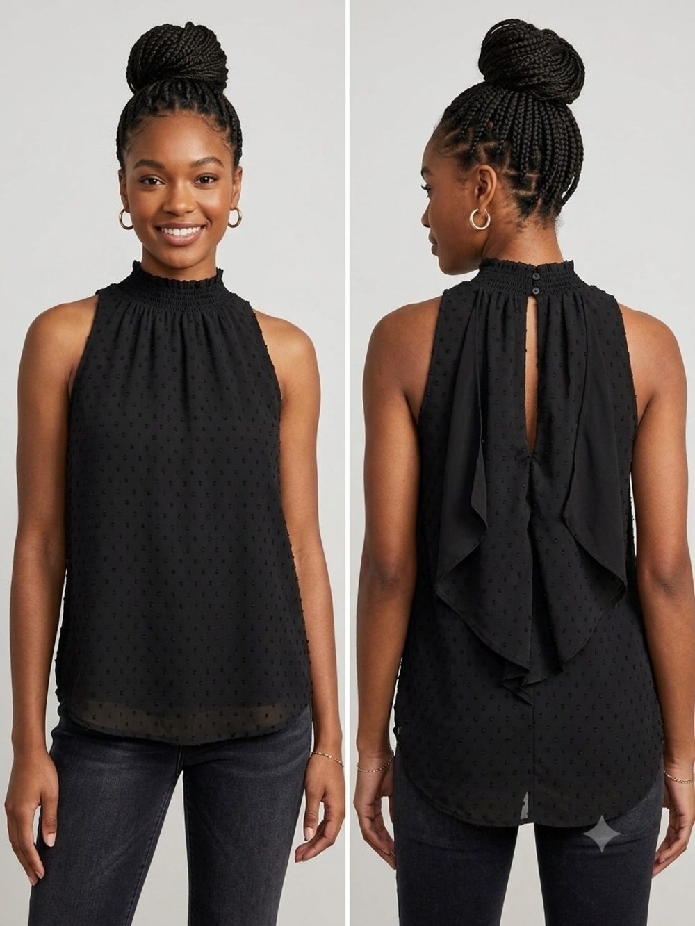 Daniel Rainn Black Sleeveless Swiss Dot Ruffle-Back Top Sz S
